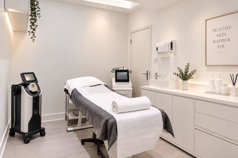 A treatment room at Pure Essentials London with a laser platform, a couch and a wall print