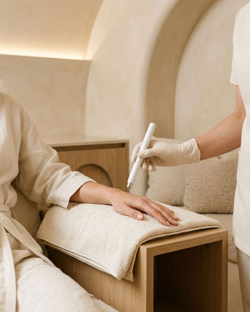 A gloved hand holds a slim pen-sized device above a client's hand resting on a towel