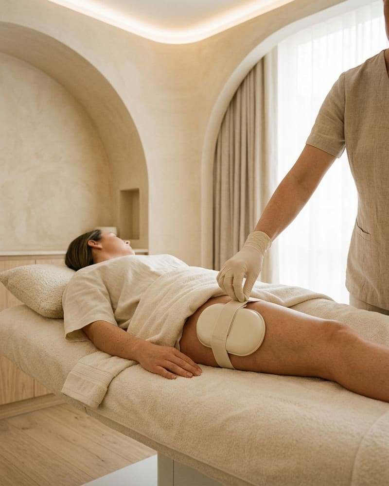 A client lying under a towel as a gloved hand adjusts a strap holding a device pad on her thigh