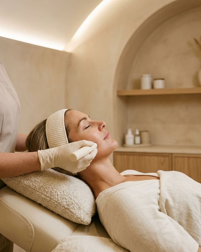 A client lying back with eyes closed as a gloved hand rests a pen-shaped device at her cheek