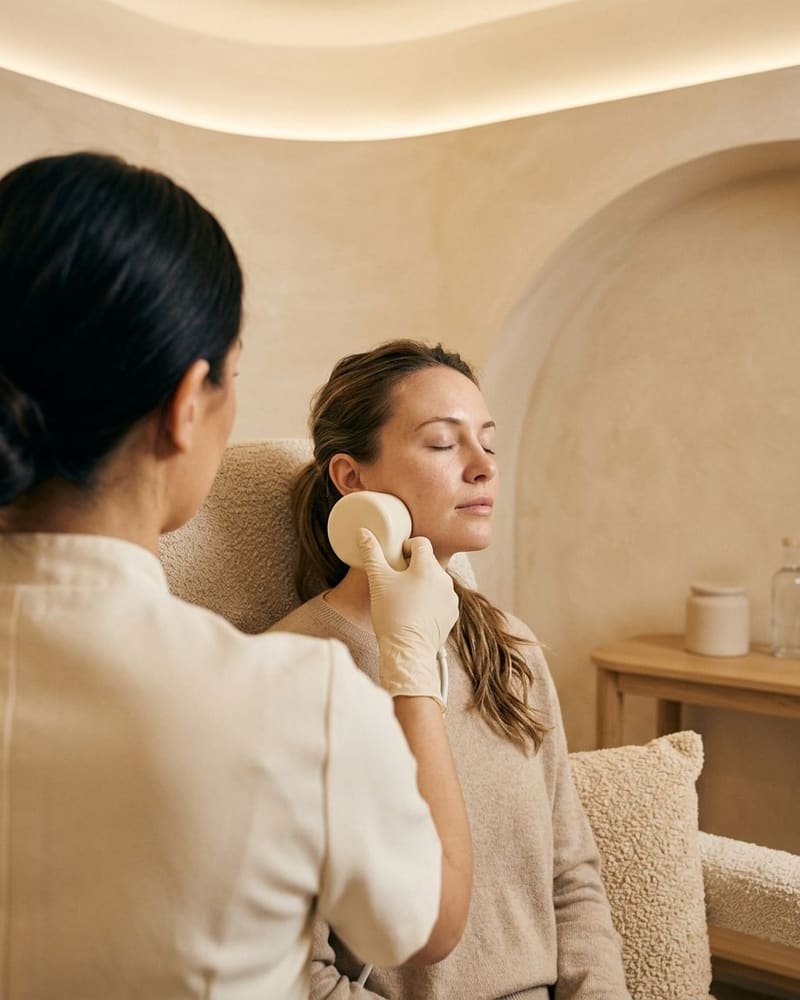 A client with eyes closed in a boucle chair as a gloved hand holds a smooth device to her jaw