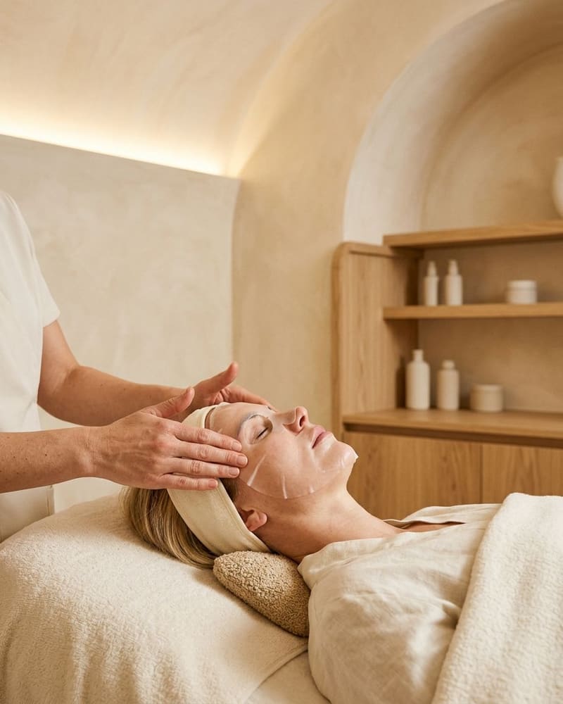 Hands smoothing a clear sheet mask onto the forehead of a client with eyes closed