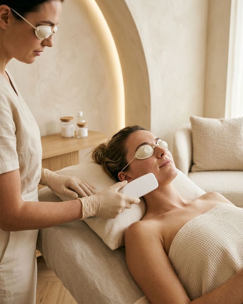 A client in protective eyewear lies back as a therapist in eyewear rests a flat device head on her cheek