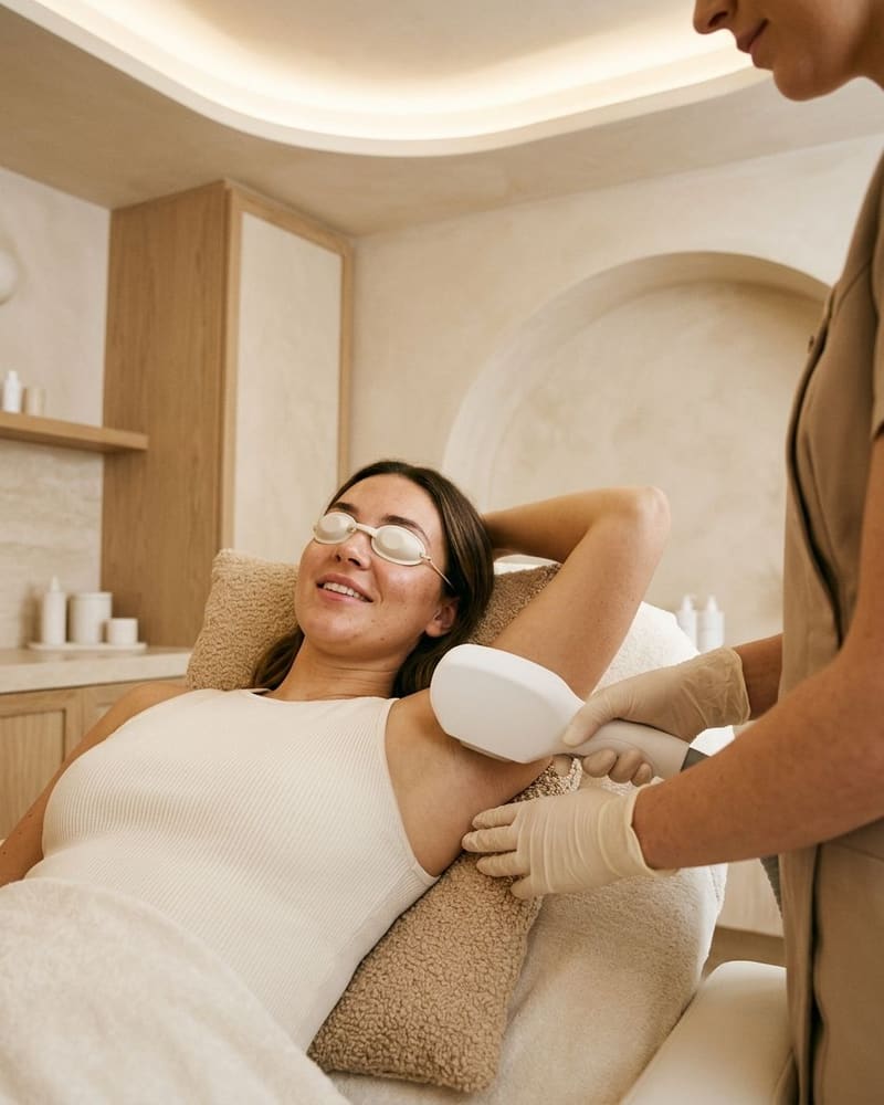 A smiling client in protective eyewear, arm raised, as gloved hands hold a device near her underarm