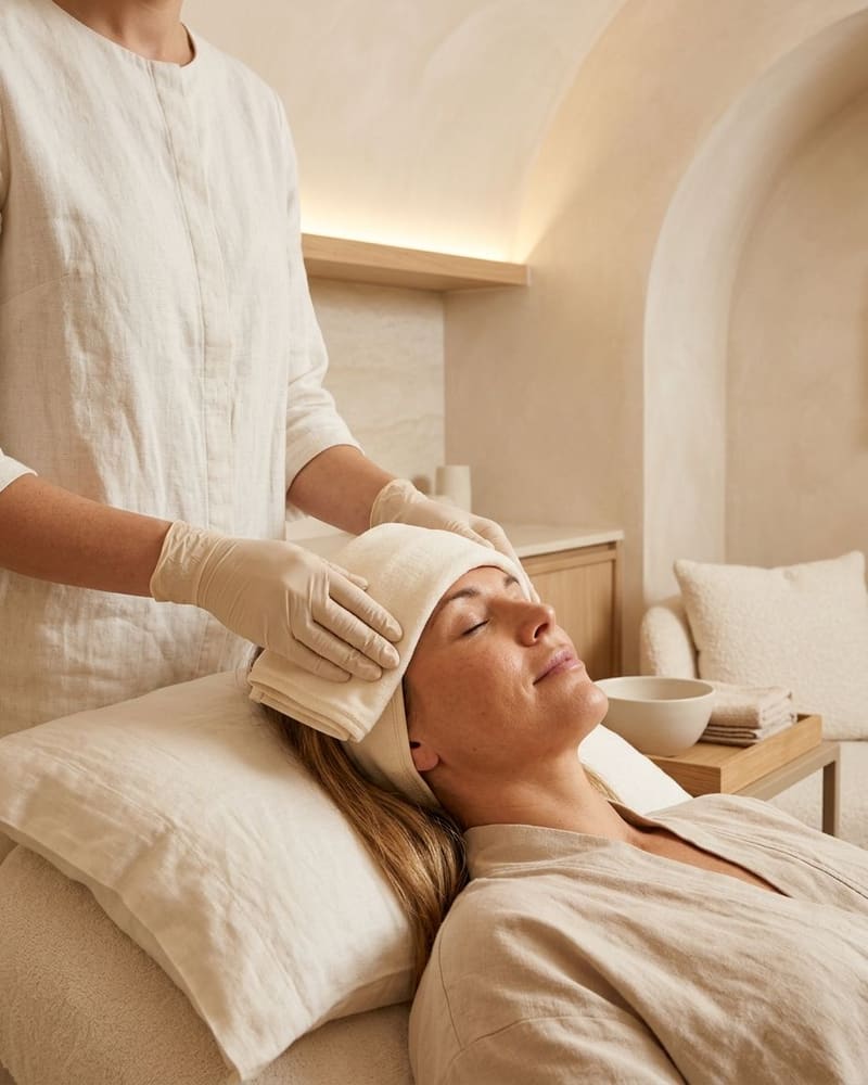 Gloved hands laying a folded cream cloth across the forehead of a relaxed client