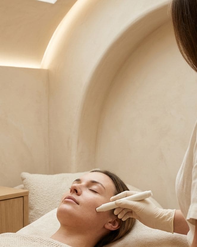 A client lying back with eyes closed, a gloved hand holding a pen-shaped device along her cheek