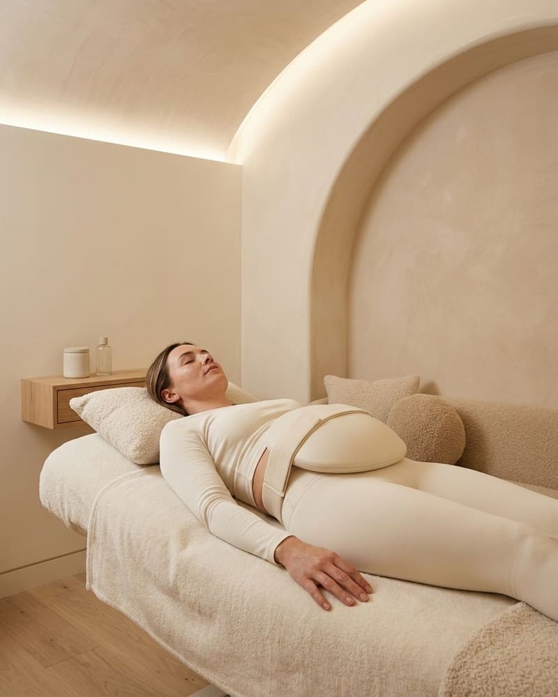 A relaxed client in cream clothing lying with a device pad strapped over her abdomen