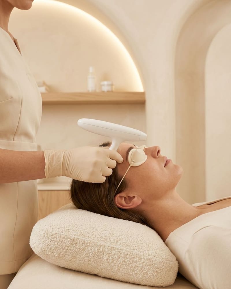 Side view of a client in protective eyewear, a gloved hand holding a device head at her temple