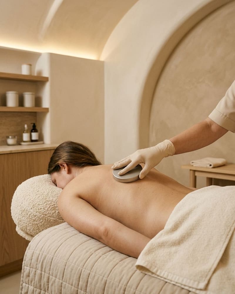 A client lying face down as a gloved hand moves a round device head across her upper back