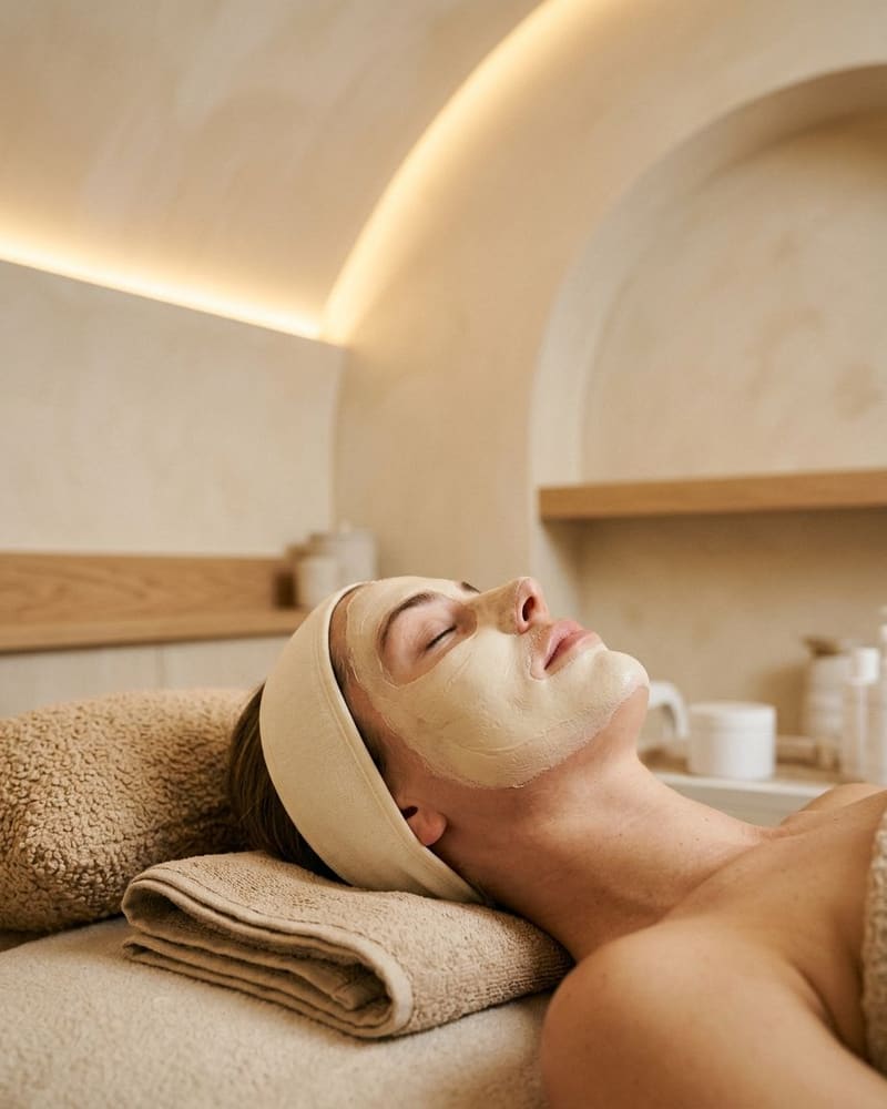 Close view of a relaxed client lying back with a pale cream mask on her face