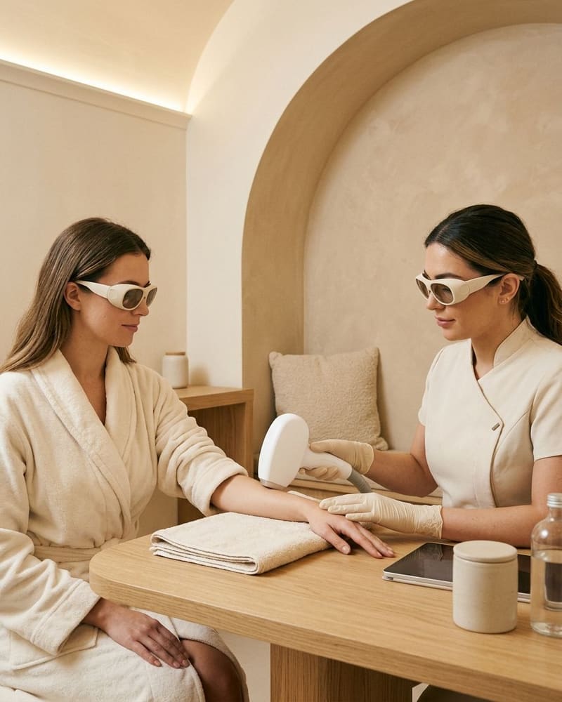 Two women in protective eyewear at a table, a device head held above the client's forearm