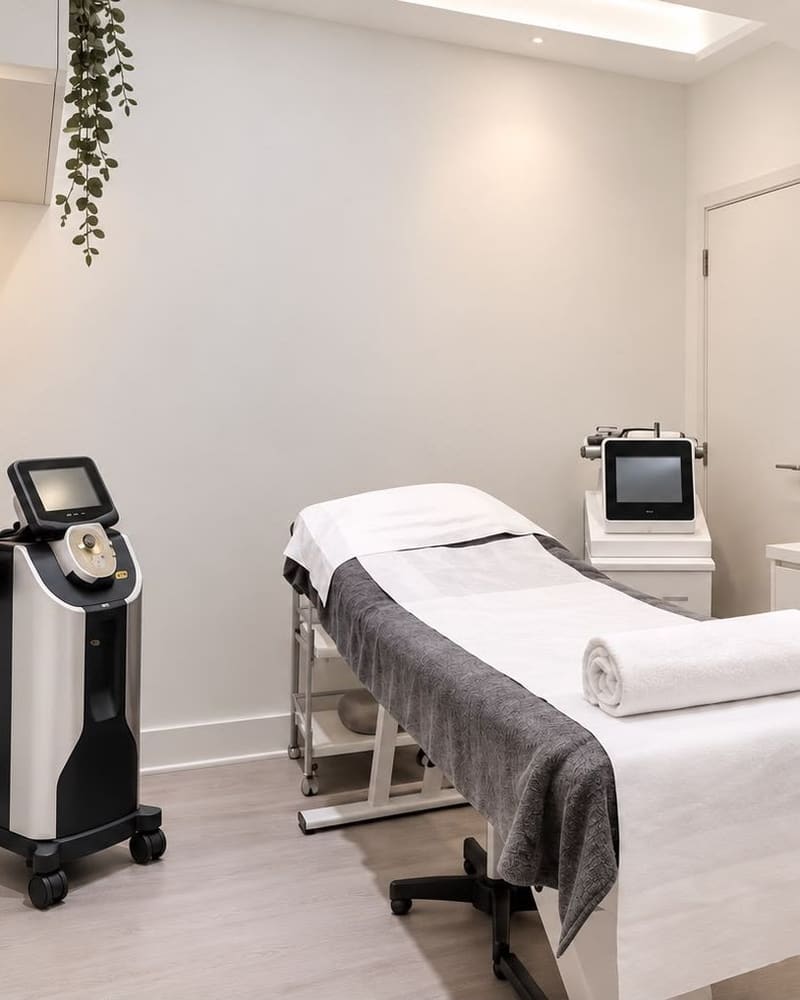 A treatment room at Pure Essentials London with a laser platform beside the couch