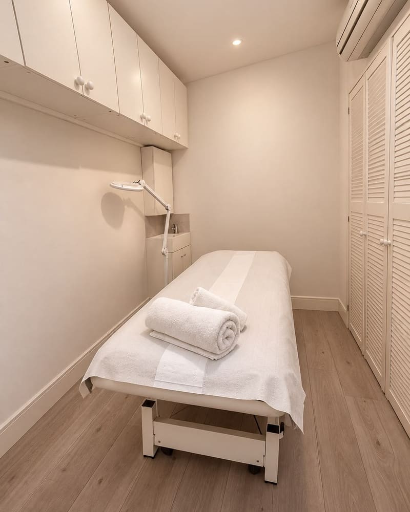 A treatment room at Pure Essentials London with a couch and rolled towels